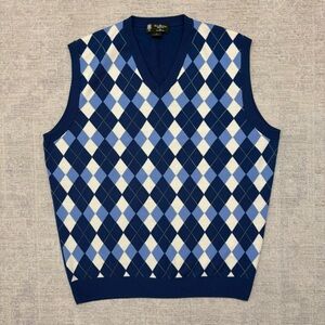 SAXXON Brooks Brothers Men's Blue & Beige Wool V-Neck Sweater Vest Size Large